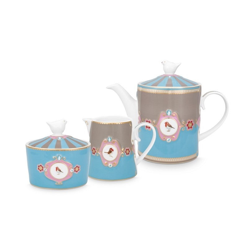 Coffret de 3 pcs Service à thé Love Birds - Bleu/Kaki