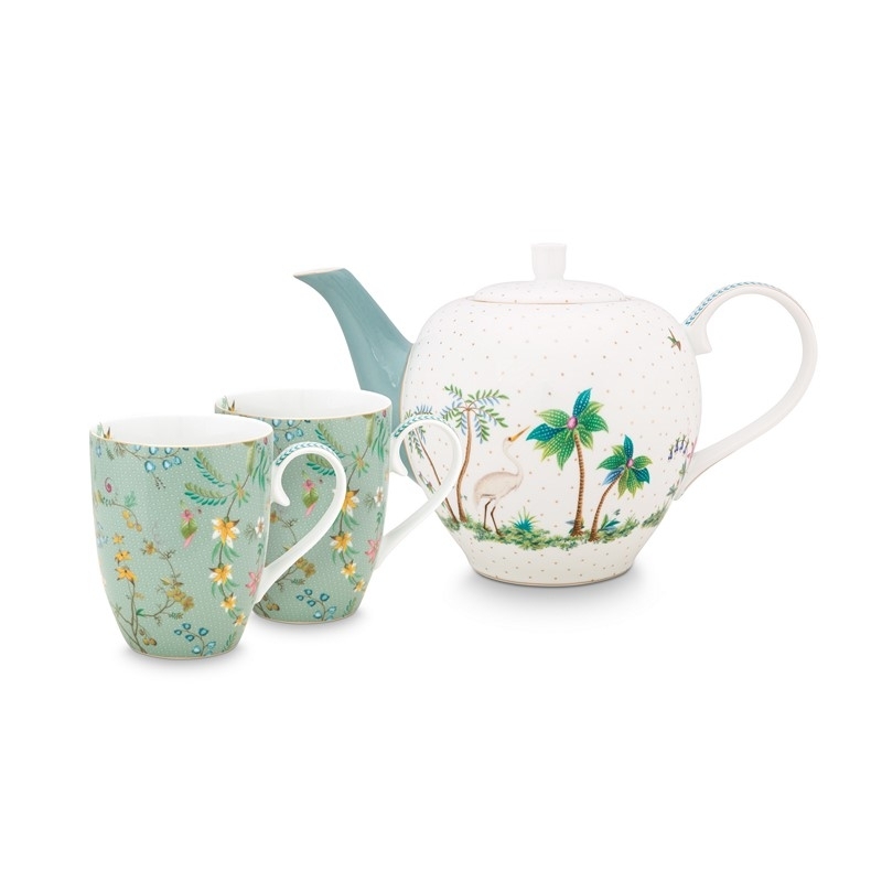 Coffret service à thé - 2 grands mugs - 350ml et théière - 1,6L fleurs bleu