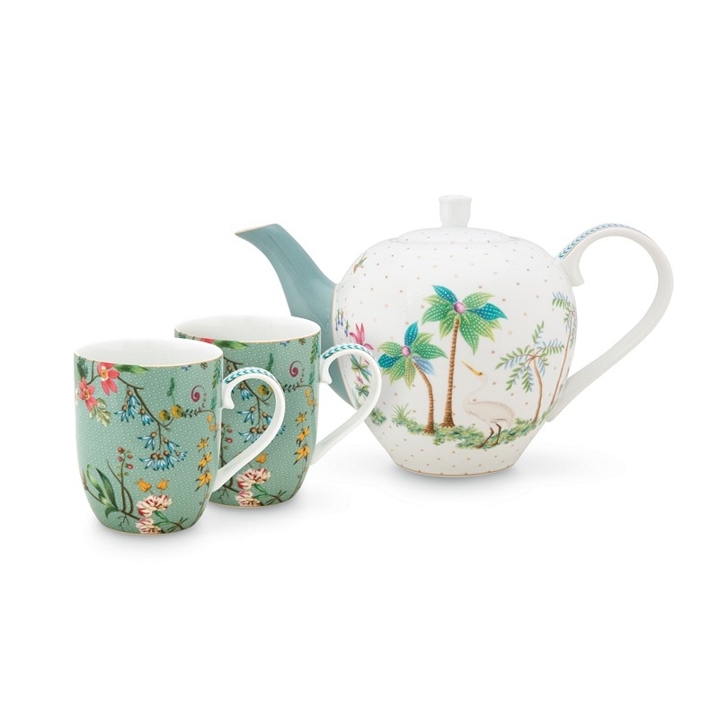 Coffret service à thé - 2 petits mugs - 145ml et théière - 750ml fleurs bleu