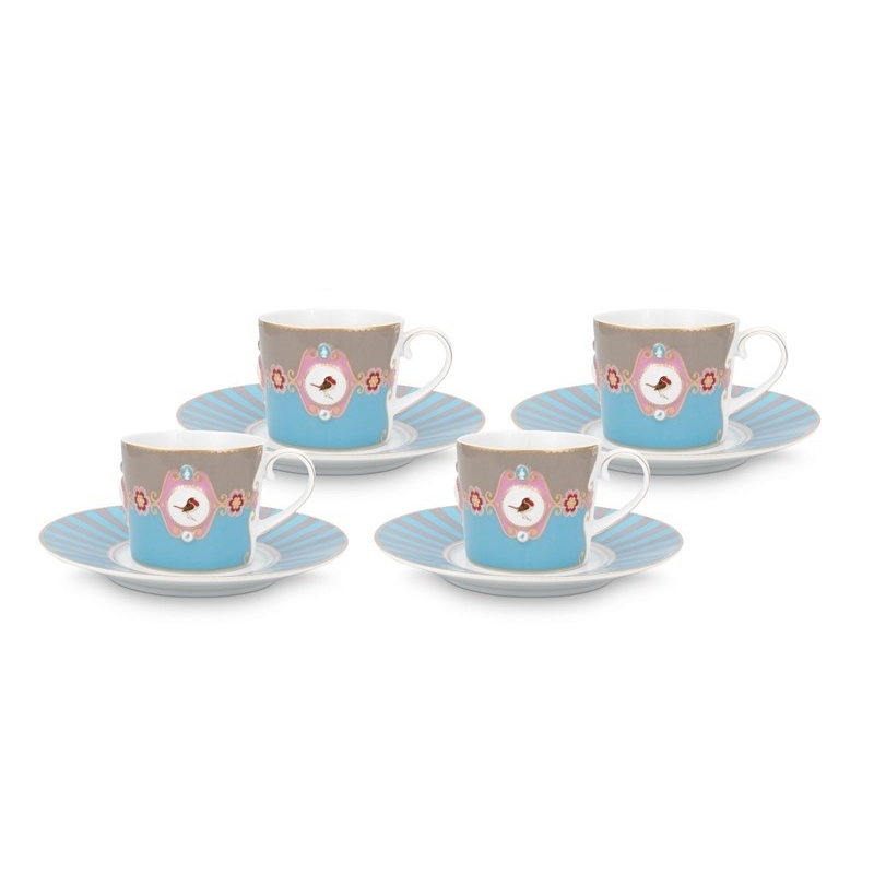 Coffret de 4 paire tasse à thé Love Birds - Bleu/Kaki - 200ml