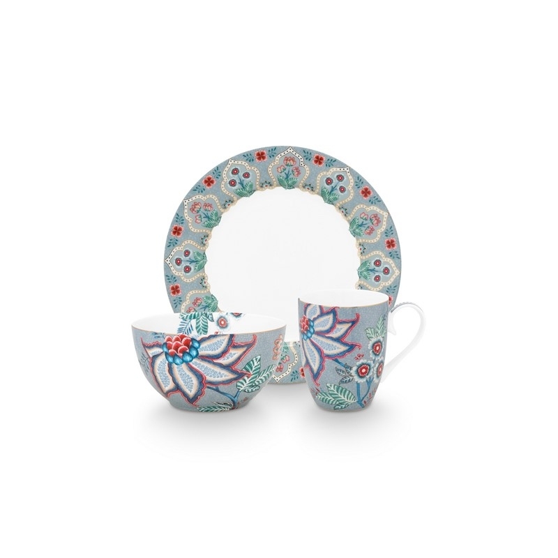 Coffret breakfast 1 assiette 21cm, 1 bol & 1 grand mug Flower Festival