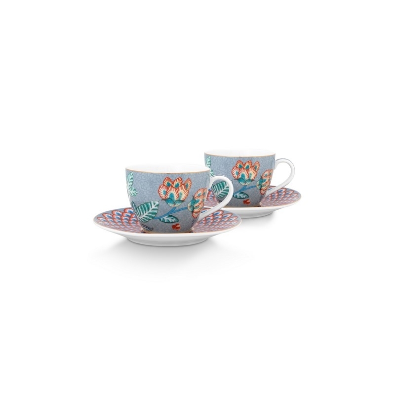 Coffret 2 Paire tasse café Flower Festival Bleu clair 120ml