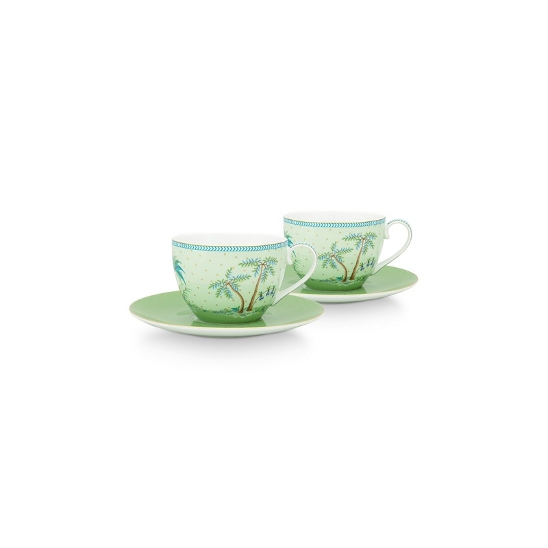 Coffret 2 Paire tasse thé Jolie pois or vert 280ml