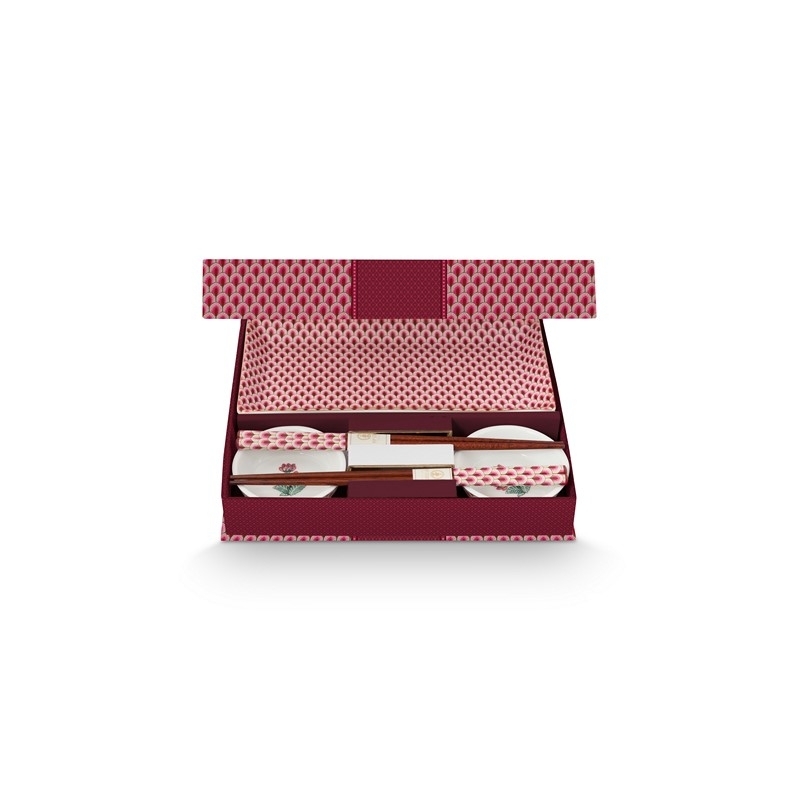 Coffret Cadeau 6 pcs - 2 plateaux, 2 assiettes rondes & Baguettes  - Oriental Flower Festival - Rose