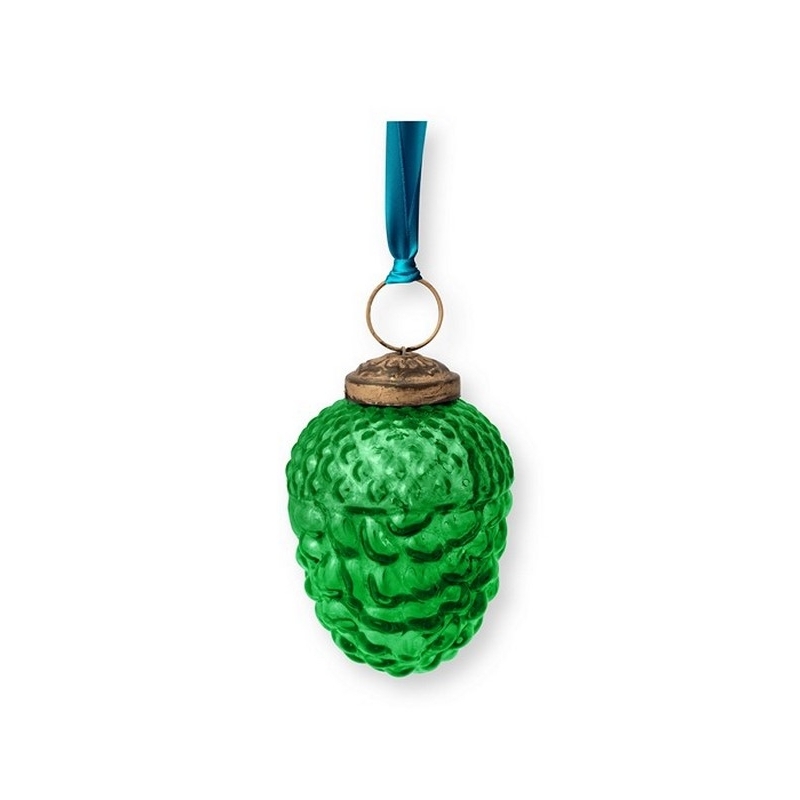 Déco de noël Pomme de pin en verre avec ruban - Vert - 7,5cm