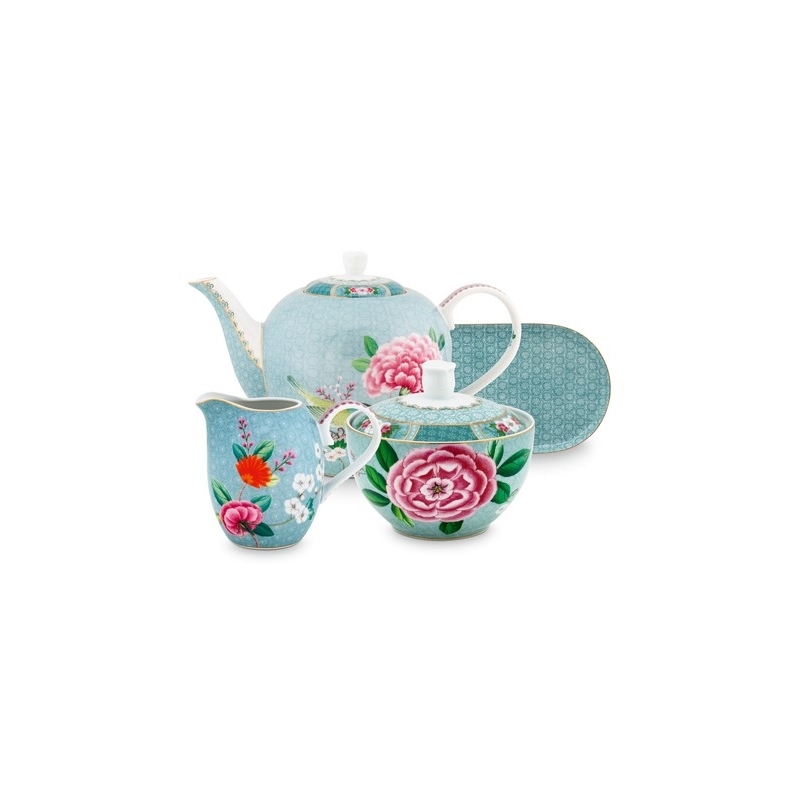 Set thé Théière - 1,6L, plat - 25x12cm, sucrier & crémier - Blushing Birds - Bleu